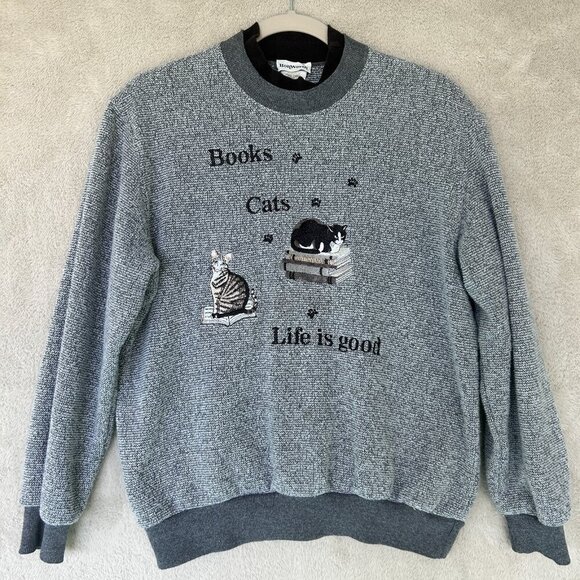Bonworth Books and Cats Gray Embroidered Sweatshirt Size XS Petite Cotton Poly - Picture 1 of 10